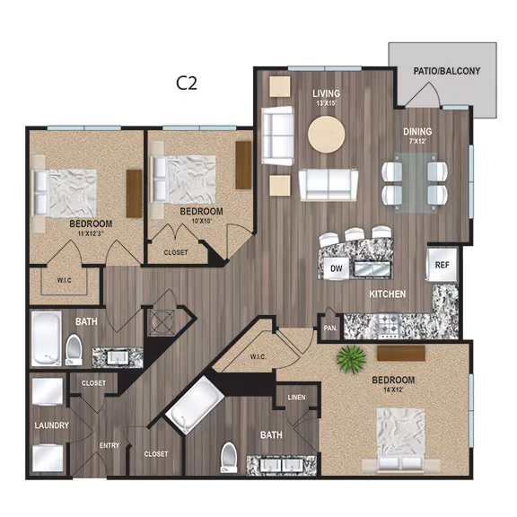 C2 - Three Bedroom Two Bathroom 12206 floor plan